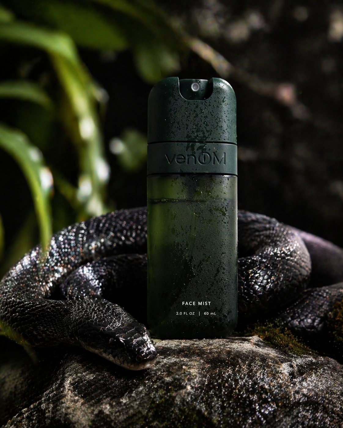 Venom Face Mist bottle in a dark botanical setting